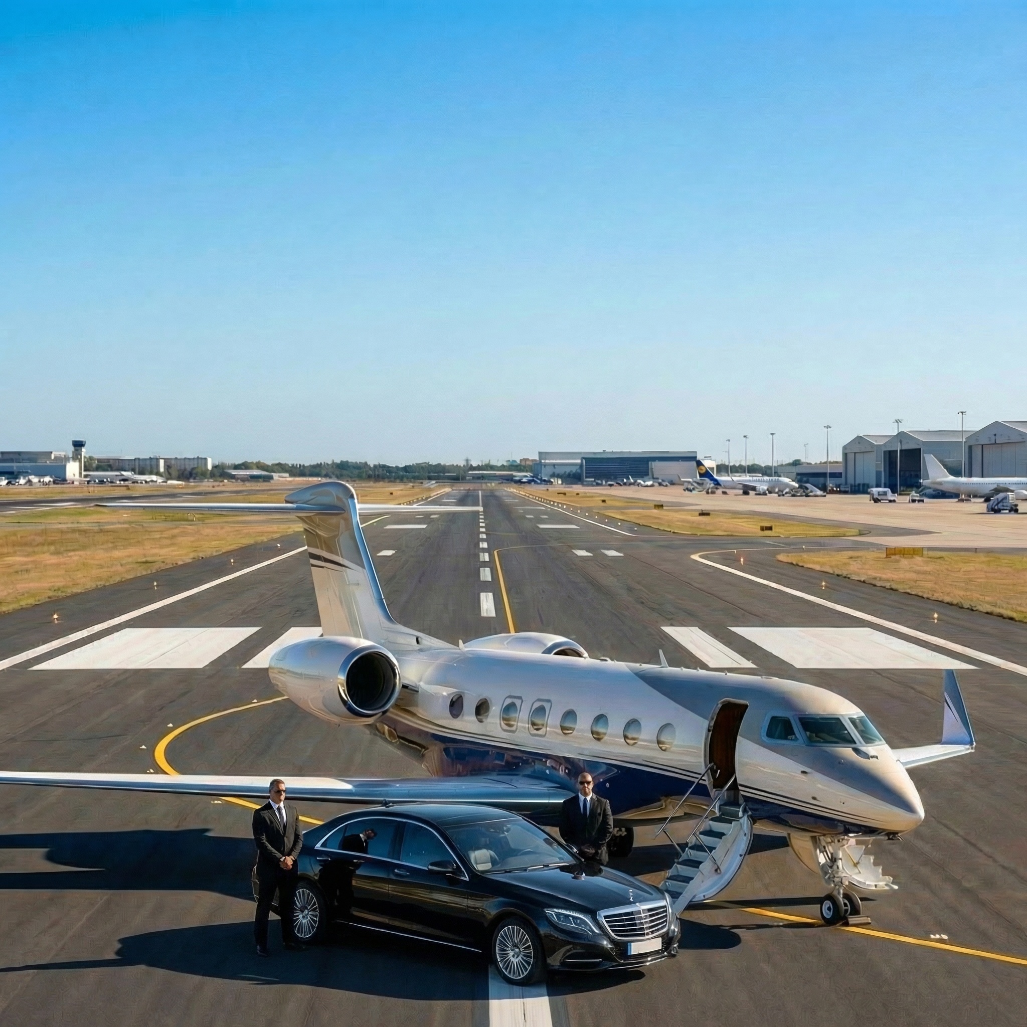 VIP secure transfer — chauffeured Mercedes S-Class with security detail beside a private jet